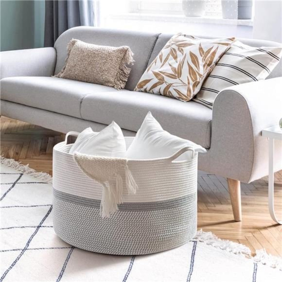 XXL Extra Large Cotton Rope Woven Basket, Throw Blanket Storage Basket w/ Handle - Picture 2 of 9